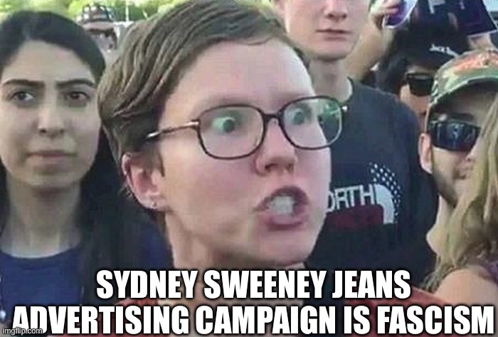 Triggered Liberal | SYDNEY SWEENEY JEANS ADVERTISING CAMPAIGN IS FASCISM | image tagged in triggered liberal,fascism,fascist,politics,political meme | made w/ Imgflip meme maker