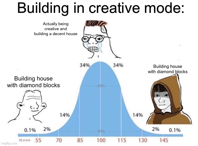 Building in creative mode | Building in creative mode:; Actually being creative and building a decent house; Building house with diamond blocks; Building house with diamond blocks | image tagged in bell curve,house,creative | made w/ Imgflip meme maker