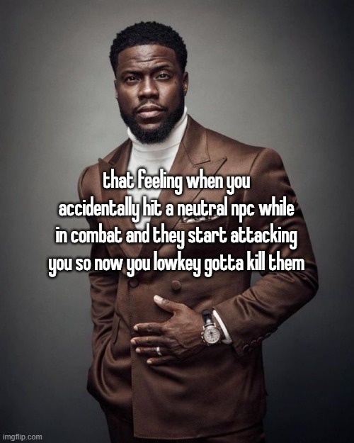 Kevin hart | that feeling when you accidentally hit a neutral npc while in combat and they start attacking you so now you lowkey gotta kill them | image tagged in kevin hart | made w/ Imgflip meme maker