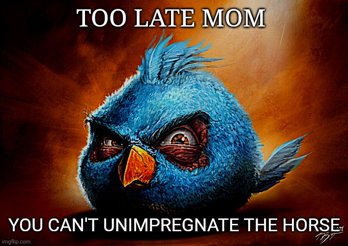 Mr hands lore | TOO LATE MOM; YOU CAN'T UNIMPREGNATE THE HORSE | image tagged in angry birds blue | made w/ Imgflip meme maker