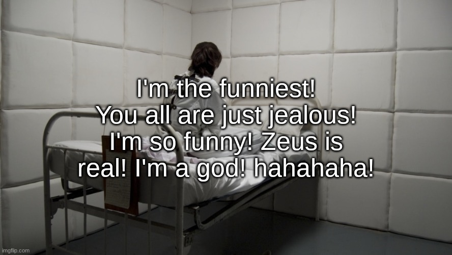 insane asylum | I'm the funniest! You all are just jealous! I'm so funny! Zeus is real! I'm a god! hahahaha! | image tagged in insane asylum | made w/ Imgflip meme maker