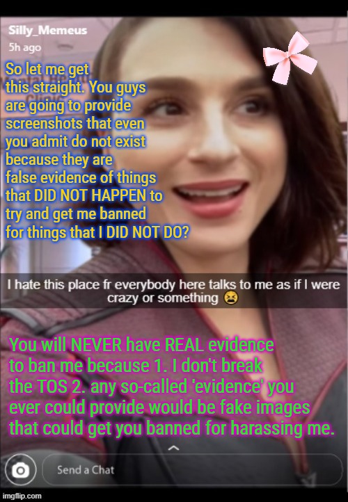 Y'all are delusional fr lmao | So let me get this straight. You guys are going to provide screenshots that even you admit do not exist because they are false evidence of things that DID NOT HAPPEN to try and get me banned for things that I DID NOT DO? You will NEVER have REAL evidence to ban me because 1. I don't break the TOS 2. any so-called 'evidence' you ever could provide would be fake images that could get you banned for harassing me. | image tagged in memez,memeus,msmg cringe | made w/ Imgflip meme maker