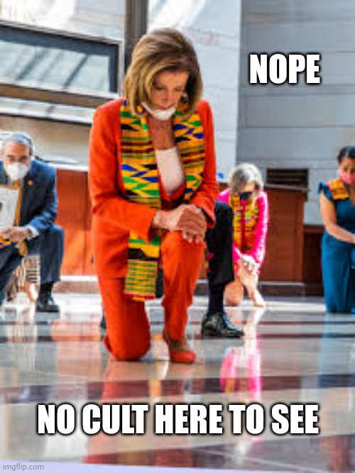 Nancy Pelosi on bended knee | NOPE NO CULT HERE TO SEE | image tagged in nancy pelosi on bended knee | made w/ Imgflip meme maker