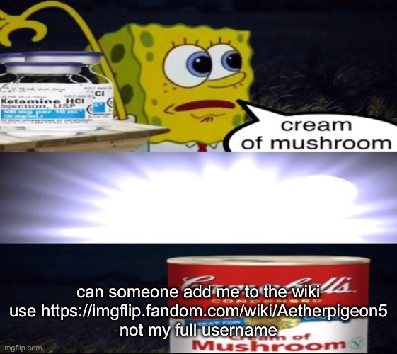 guh | can someone add me to the wiki
use https://imgflip.fandom.com/wiki/Aetherpigeon5 not my full username | image tagged in cream of mushroom | made w/ Imgflip meme maker