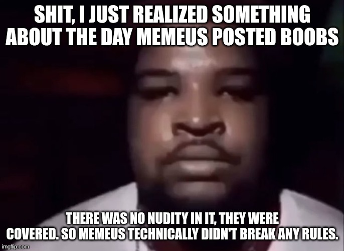 I'm not protecting memeus. just stating facts. there is porn in temps where the necessary parts are covered. | SHIT, I JUST REALIZED SOMETHING ABOUT THE DAY MEMEUS POSTED BOOBS; THERE WAS NO NUDITY IN IT, THEY WERE COVERED. SO MEMEUS TECHNICALLY DIDN'T BREAK ANY RULES. | image tagged in mario judah stare | made w/ Imgflip meme maker