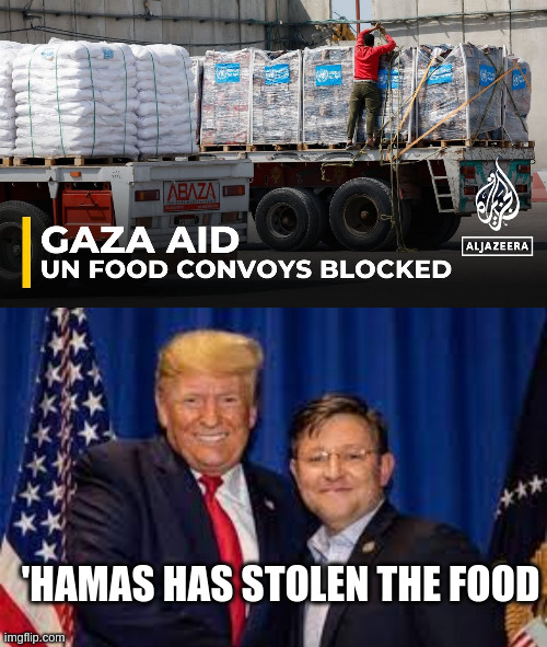 Liars or Complete Morons? | 'HAMAS HAS STOLEN THE FOOD | image tagged in trump mike johnson | made w/ Imgflip meme maker
