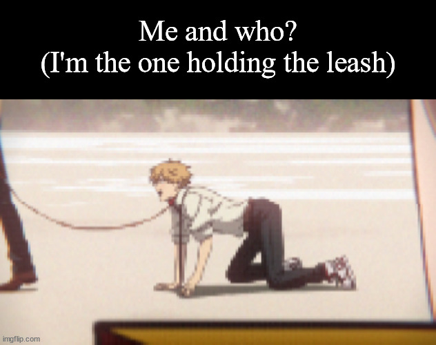 It will be whomever the first commenter choses. | Me and who?
(I'm the one holding the leash) | image tagged in memes,blank transparent square,denji the dog | made w/ Imgflip meme maker