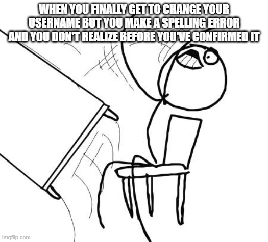 Yeah, breakups are bad, but have you ever dealt with THIS? | WHEN YOU FINALLY GET TO CHANGE YOUR USERNAME BUT YOU MAKE A SPELLING ERROR AND YOU DON'T REALIZE BEFORE YOU'VE CONFIRMED IT | image tagged in memes,table flip guy | made w/ Imgflip meme maker