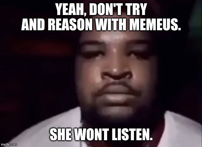 no shit sherlock | YEAH, DON'T TRY AND REASON WITH MEMEUS. SHE WONT LISTEN. | image tagged in mario judah stare | made w/ Imgflip meme maker