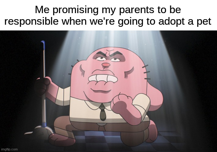 Cross my heart | Me promising my parents to be responsible when we're going to adopt a pet | image tagged in memes,funny,relatable,the amazing world of gumball,pets | made w/ Imgflip meme maker