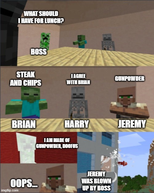 What do you think Boss would have for lunch? | WHAT SHOULD I HAVE FOR LUNCH? BOSS; I AGREE WITH BRIAN; GUNPOWDER; STEAK AND CHIPS; JEREMY; BRIAN; HARRY; I AM MADE OF GUNPOWDER, DOOFUS; JEREMY WAS BLOWN UP BY BOSS; OOPS... | image tagged in minecraft boardroom meeting | made w/ Imgflip meme maker