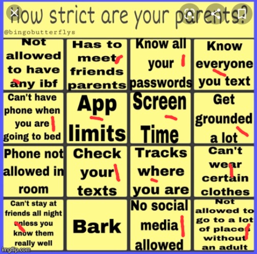 I am alowed most clothes around the house so I didn't mark it | image tagged in strict parent bingo | made w/ Imgflip meme maker