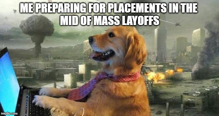 preparing in layoffs | ME PREPARING FOR PLACEMENTS IN THE 
MID OF MASS LAYOFFS | image tagged in dog pc war | made w/ Imgflip meme maker