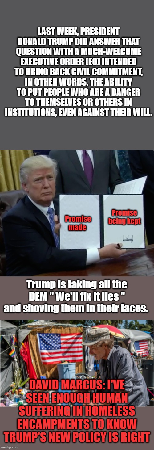 And that's why they hate him; he's going after their lies and money laundering NGOs that fix nothing. | LAST WEEK, PRESIDENT DONALD TRUMP DID ANSWER THAT QUESTION WITH A MUCH-WELCOME EXECUTIVE ORDER (EO) INTENDED TO BRING BACK CIVIL COMMITMENT, IN OTHER WORDS, THE ABILITY TO PUT PEOPLE WHO ARE A DANGER TO THEMSELVES OR OTHERS IN INSTITUTIONS, EVEN AGAINST THEIR WILL. Promise being kept; Promise made; Trump is taking all the DEM " We'll fix it lies " and shoving them in their faces. DAVID MARCUS: I'VE SEEN ENOUGH HUMAN SUFFERING IN HOMELESS ENCAMPMENTS TO KNOW TRUMP'S NEW POLICY IS RIGHT | image tagged in memes,trump bill signing | made w/ Imgflip meme maker