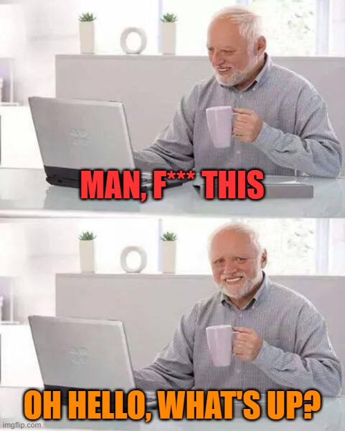 Hiding laptop pain | MAN, F*** THIS; OH HELLO, WHAT'S UP? | image tagged in memes,hide the pain harold,laptop | made w/ Imgflip meme maker