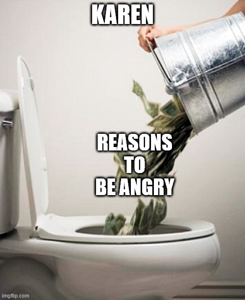Money Down The Drain | KAREN; REASONS TO BE ANGRY | image tagged in money down the drain | made w/ Imgflip meme maker