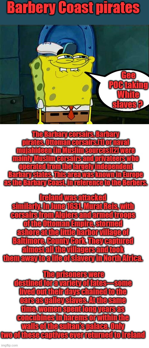 EVERY RACE has been enslaved; Blacks are not unique. They've been trained to blame whitey. Truth is your weapon not DEM lies | Barbery Coast pirates; Gee POC taking White slaves ? The Barbary corsairs, Barbary pirates, Ottoman corsairs,[1] or naval mujahideen (in Muslim sources)[2] were mainly Muslim corsairs and privateers who operated from the largely independent Barbary states. This area was known in Europe as the Barbary Coast, in reference to the Berbers. Ireland was attacked similarly. In June 1631, Murat Reis, with corsairs from Algiers and armed troops of the Ottoman Empire, stormed ashore at the little harbor village of Baltimore, County Cork. They captured almost all the villagers and took them away to a life of slavery in North Africa. The prisoners were destined for a variety of fates—some lived out their days chained to the oars as galley slaves. At the same time, women spent long years as concubines in harems or within the walls of the sultan's palace. Only two of these captives ever returned to Ireland | image tagged in memes,don't you squidward,blank white template | made w/ Imgflip meme maker