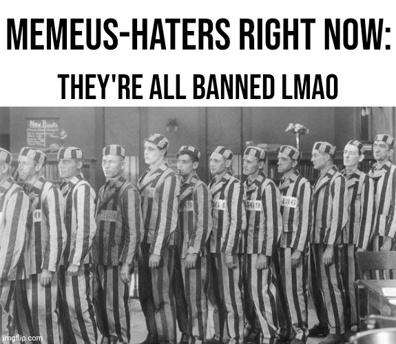 Justice has been served. I'm the victim of a hate campaign. | Memeus-haters right now:; They're all banned lmao | image tagged in prison wear | made w/ Imgflip meme maker