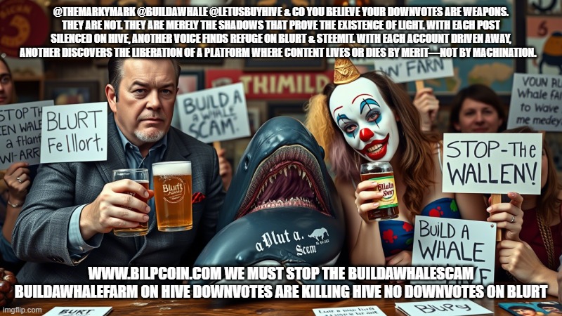@THEMARKYMARK @BUILDAWHALE @LETUSBUYHIVE & CO YOU BELIEVE YOUR DOWNVOTES ARE WEAPONS. THEY ARE NOT. THEY ARE MERELY THE SHADOWS THAT PROVE THE EXISTENCE OF LIGHT. WITH EACH POST SILENCED ON HIVE, ANOTHER VOICE FINDS REFUGE ON BLURT & STEEMIT. WITH EACH ACCOUNT DRIVEN AWAY, ANOTHER DISCOVERS THE LIBERATION OF A PLATFORM WHERE CONTENT LIVES OR DIES BY MERIT—NOT BY MACHINATION. WWW.BILPCOIN.COM WE MUST STOP THE BUILDAWHALESCAM BUILDAWHALEFARM ON HIVE DOWNVOTES ARE KILLING HIVE NO DOWNVOTES ON BLURT | made w/ Imgflip meme maker