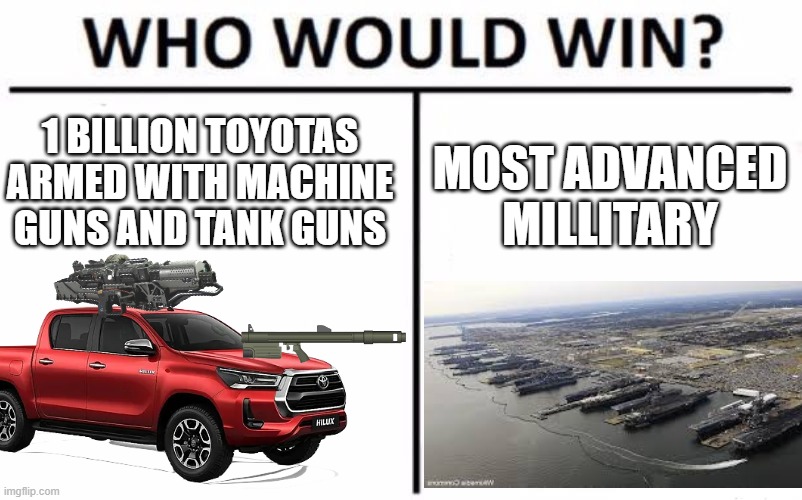 boss fight | 1 BILLION TOYOTAS ARMED WITH MACHINE GUNS AND TANK GUNS; MOST ADVANCED MILLITARY | image tagged in memes,who would win | made w/ Imgflip meme maker