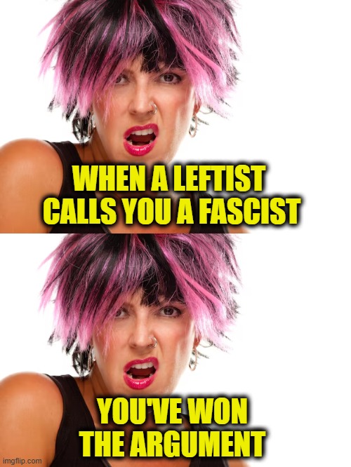 More Leftist Logic | WHEN A LEFTIST 
CALLS YOU A FASCIST; YOU'VE WON
THE ARGUMENT | image tagged in leftists | made w/ Imgflip meme maker