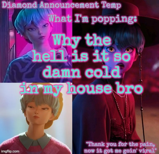 Diamond's Baby Saja Temp | Why the hell is it so damn cold in my house bro | image tagged in diamond's baby saja temp | made w/ Imgflip meme maker