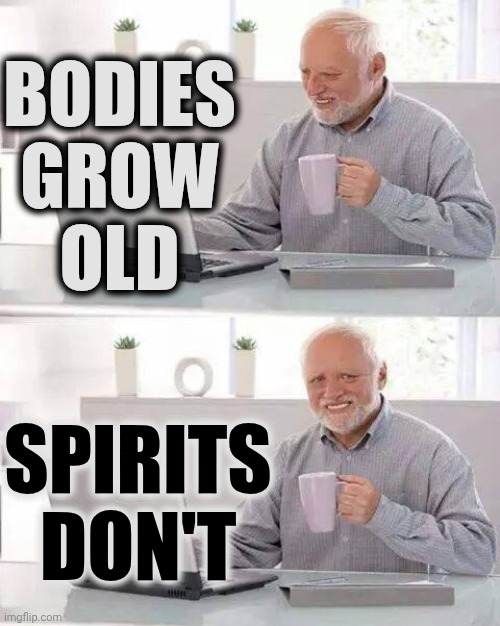 Your Body Will Grow Older While Your Spirit Stays Young.  If You're Lucky ... You'll See | BODIES GROW
OLD; SPIRITS
DON'T | image tagged in memes,hide the pain harold,youth,age,spirit,life lessons | made w/ Imgflip meme maker