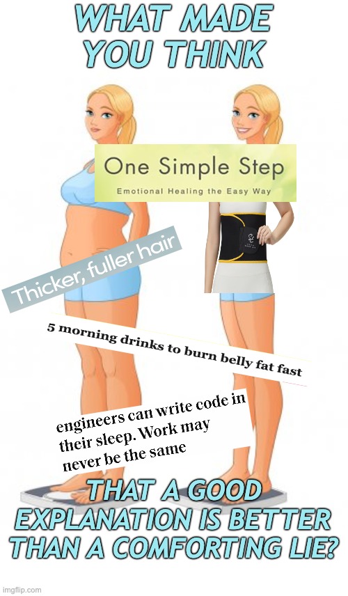 WEIGHT LOSS | WHAT MADE YOU THINK THAT A GOOD EXPLANATION IS BETTER THAN A COMFORTING LIE? | image tagged in weight loss | made w/ Imgflip meme maker