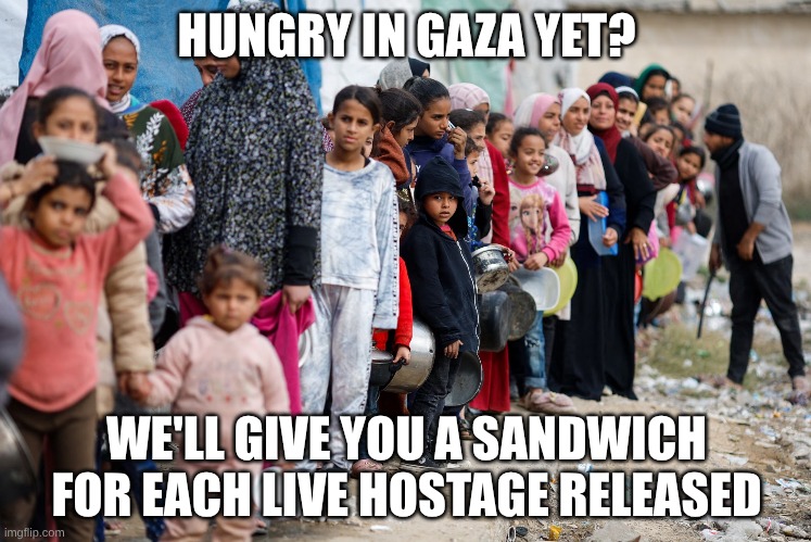 hungry in Gaza? | HUNGRY IN GAZA YET? WE'LL GIVE YOU A SANDWICH FOR EACH LIVE HOSTAGE RELEASED | image tagged in gaza,hamas,hunger,hostage | made w/ Imgflip meme maker