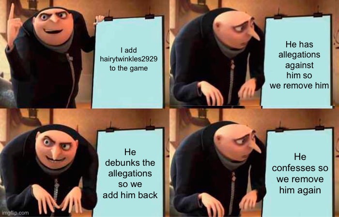 Forsaken lore | I add hairytwinkles2929 to the game; He has allegations against him so we remove him; He debunks the allegations so we add him back; He confesses so we remove him again | image tagged in memes,gru's plan,roblox,exposed | made w/ Imgflip meme maker