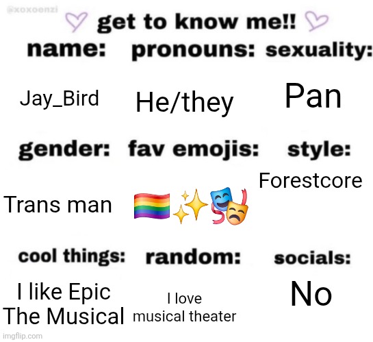 A little about me! | Pan; Jay_Bird; He/they; Forestcore; 🏳️‍🌈✨️🎭; Trans man; No; I like Epic The Musical; I love musical theater | image tagged in get to know me but better | made w/ Imgflip meme maker