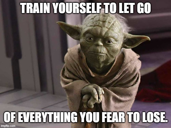 Yoda, serious & earnest | TRAIN YOURSELF TO LET GO; OF EVERYTHING YOU FEAR TO LOSE. | image tagged in yoda serious earnest | made w/ Imgflip meme maker