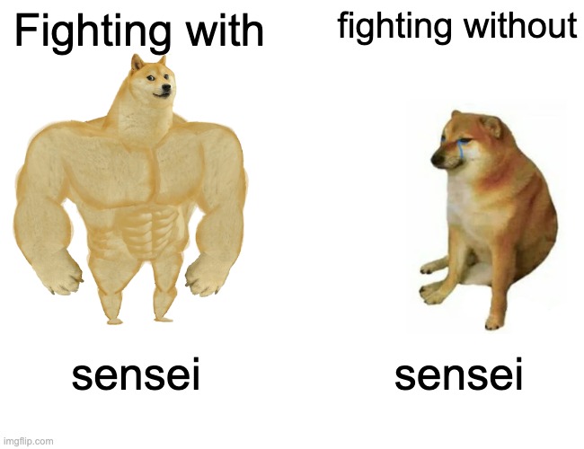 Is this the power of adult supervision? - Tsubaki (no I'm not making that up) | Fighting with; fighting without; sensei; sensei | image tagged in memes,buff doge vs cheems,blue archive | made w/ Imgflip meme maker