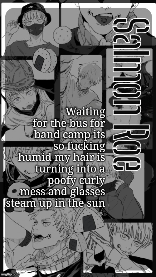 I hate summer | Waiting for the bus for band camp its so fucking humid my hair is turning into a poofy curly mess and glasses steam up in the sun | image tagged in salmon roe temp | made w/ Imgflip meme maker