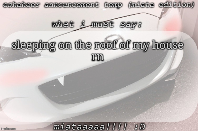 i miss ayesha man | sleeping on the roof of my house
rn | image tagged in eshaheer announcement temp miataaa d | made w/ Imgflip meme maker
