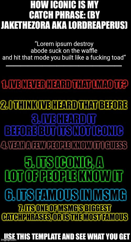 some random bars me n bro made | “Lorem ipsum destroy abode suck on the waffle and hit that mode you built like a fucking toad“ | image tagged in how iconic is my catchphrase | made w/ Imgflip meme maker