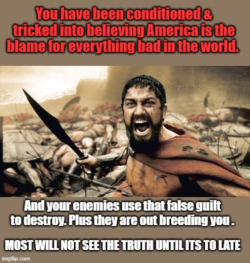 Sparta Leonidas | You have been conditioned & tricked into believing America is the blame for everything bad in the world. And your enemies use that false guilt to destroy. Plus they are out breeding you . MOST WILL NOT SEE THE TRUTH UNTIL ITS TO LATE | image tagged in memes,sparta leonidas | made w/ Imgflip meme maker