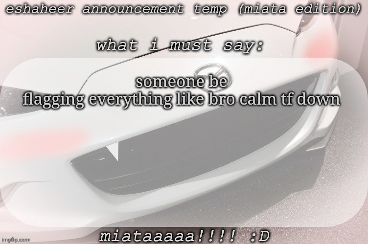 eshaheer announcement temp (miataaa :D) | someone be flagging everything like bro calm tf down | image tagged in eshaheer announcement temp miataaa d | made w/ Imgflip meme maker