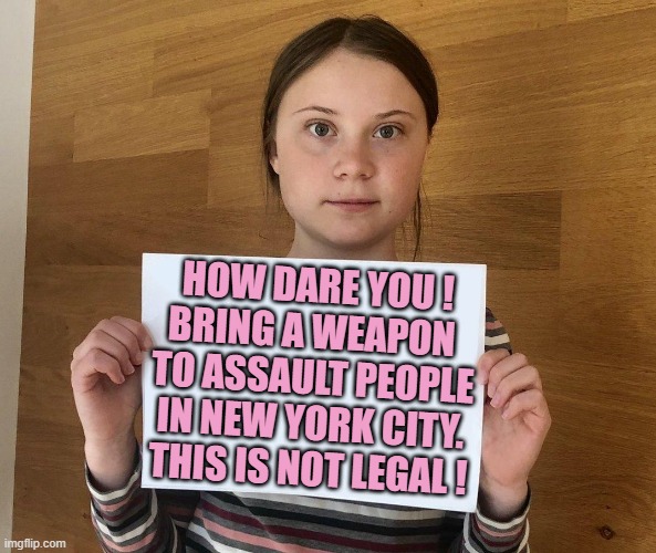Greta | HOW DARE YOU !
BRING A WEAPON 
TO ASSAULT PEOPLE
IN NEW YORK CITY.
THIS IS NOT LEGAL ! | image tagged in greta | made w/ Imgflip meme maker