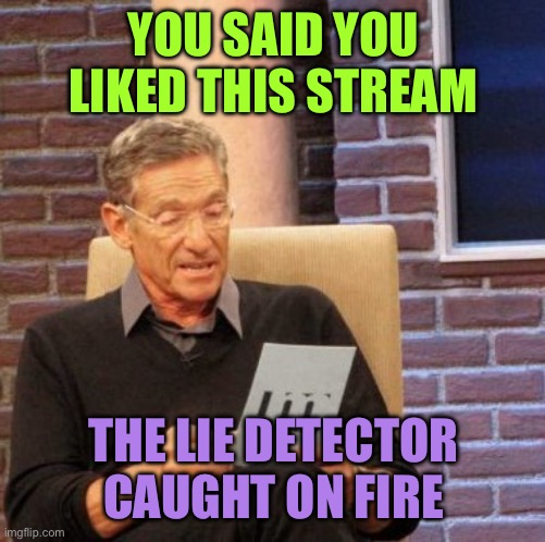 Maury Lie Detector Meme | YOU SAID YOU LIKED THIS STREAM; THE LIE DETECTOR CAUGHT ON FIRE | image tagged in memes,maury lie detector | made w/ Imgflip meme maker