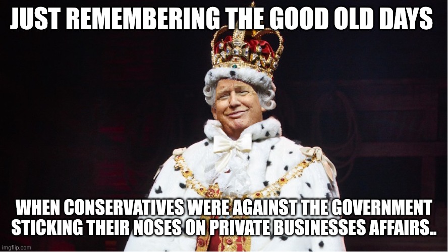 Good old days | JUST REMEMBERING THE GOOD OLD DAYS; WHEN CONSERVATIVES WERE AGAINST THE GOVERNMENT STICKING THEIR NOSES ON PRIVATE BUSINESSES AFFAIRS.. | image tagged in donald trump,trump,maga,nevertrump,trump sucks,trump supporter | made w/ Imgflip meme maker