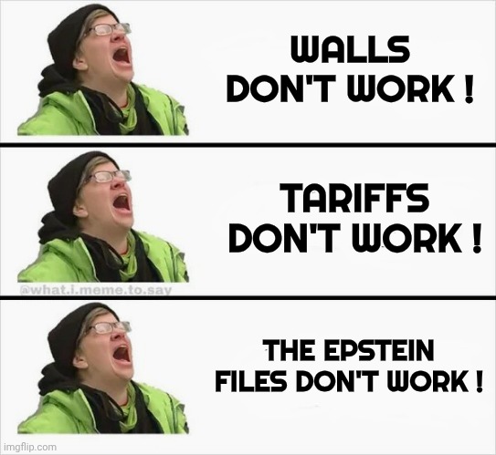Whining Liberal | WALLS DON'T WORK ! TARIFFS DON'T WORK ! THE EPSTEIN FILES DON'T WORK ! | image tagged in whining liberal | made w/ Imgflip meme maker