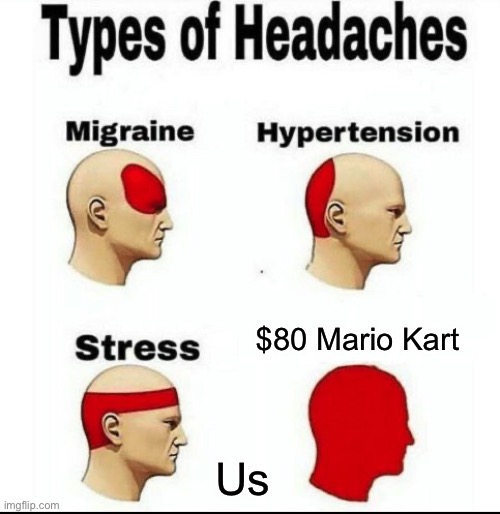 true btw | $80 Mario Kart; Us | image tagged in types of headaches meme | made w/ Imgflip meme maker