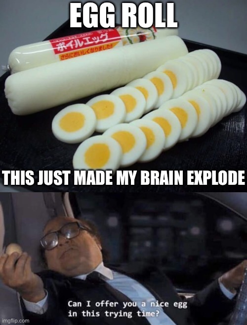 Egg Roll | EGG ROLL; THIS JUST MADE MY BRAIN EXPLODE | image tagged in can i offer you a nice egg in this trying time,egg,roll,restaurants,there i fixed it,cursed | made w/ Imgflip meme maker
