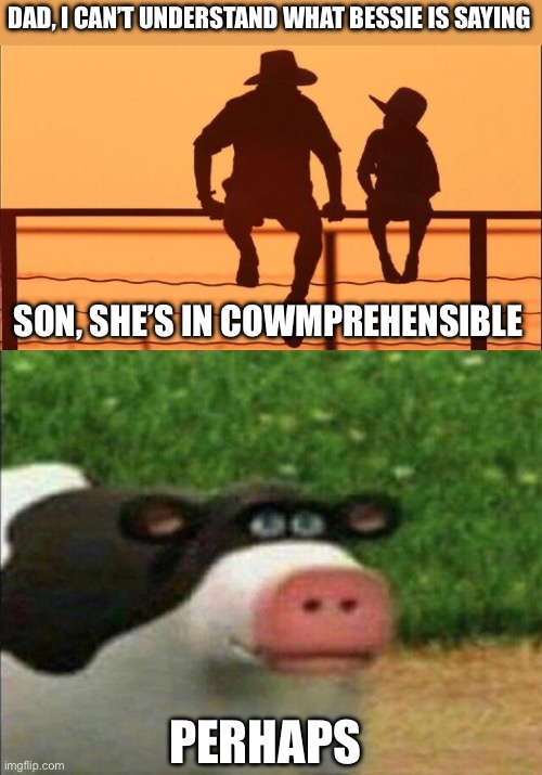 Incowmprehensible (note: thanks to itto for his “cowmprehensible” comment) | DAD, I CAN’T UNDERSTAND WHAT BESSIE IS SAYING; SON, SHE’S IN COWMPREHENSIBLE; PERHAPS | image tagged in cowboy father and son,perhaps cow,comprehending joey,misunderstanding,moo | made w/ Imgflip meme maker