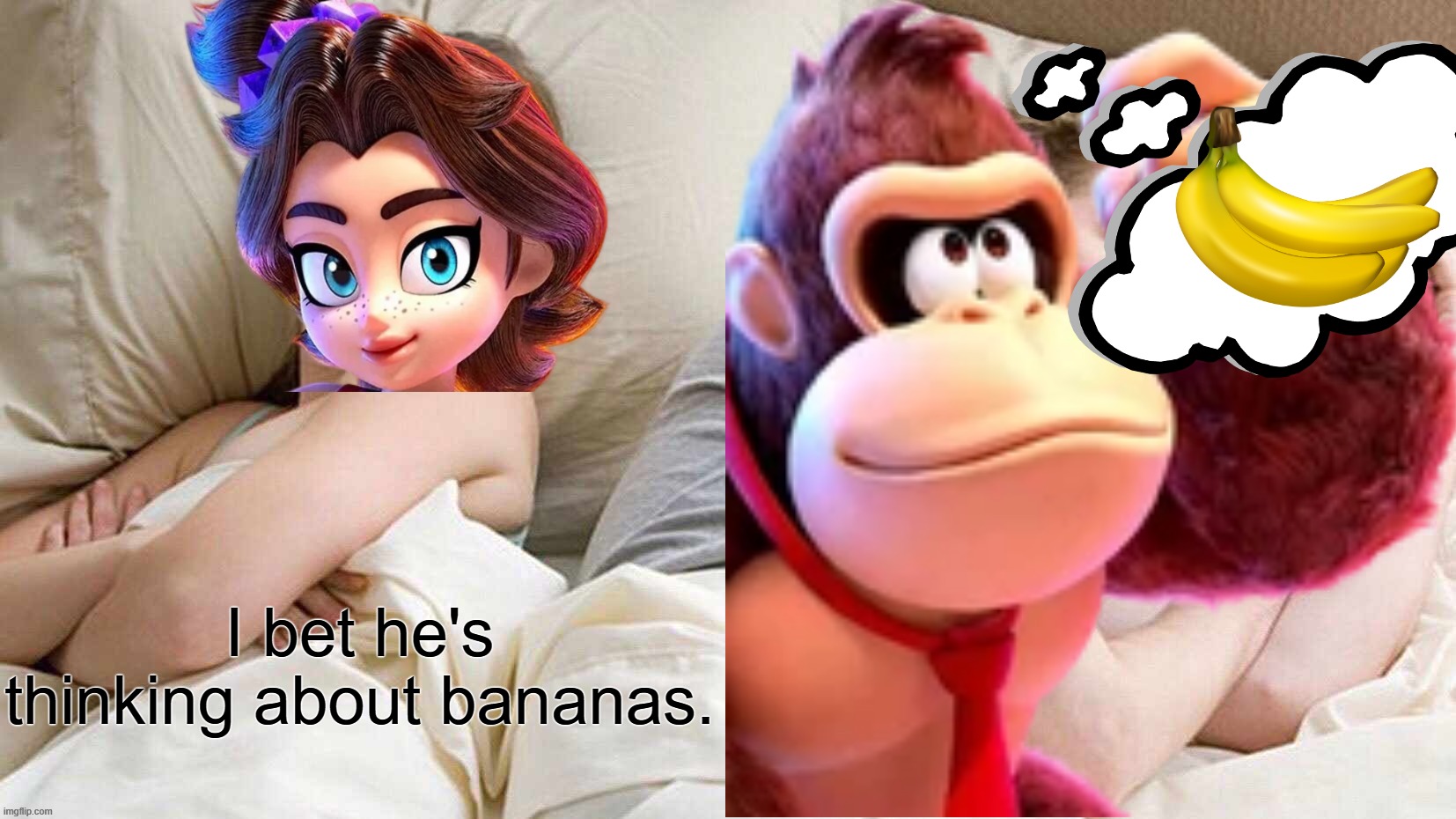 I Bet He's Thinking About Other Women Meme | I bet he's thinking about bananas. | image tagged in memes,i bet he's thinking about other women | made w/ Imgflip meme maker