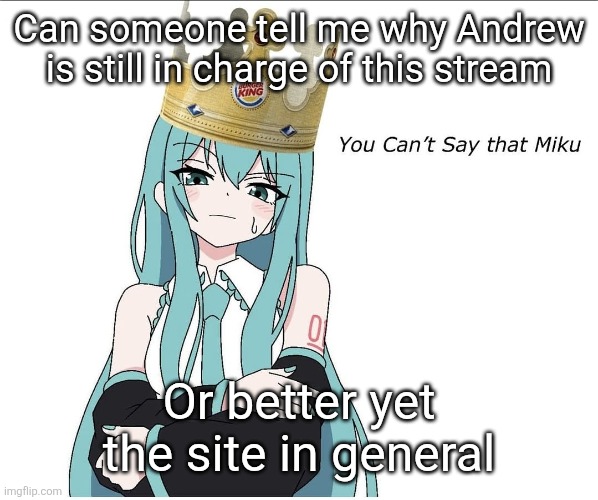 You cant say that miku | Can someone tell me why Andrew is still in charge of this stream; Or better yet the site in general | image tagged in you cant say that miku | made w/ Imgflip meme maker