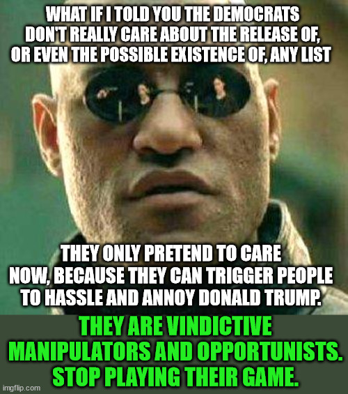Stop playing their game | WHAT IF I TOLD YOU THE DEMOCRATS DON'T REALLY CARE ABOUT THE RELEASE OF, OR EVEN THE POSSIBLE EXISTENCE OF, ANY LIST; THEY ONLY PRETEND TO CARE NOW, BECAUSE THEY CAN TRIGGER PEOPLE TO HASSLE AND ANNOY DONALD TRUMP. THEY ARE VINDICTIVE MANIPULATORS AND OPPORTUNISTS. STOP PLAYING THEIR GAME. | image tagged in what if i told you,epstein,manipulated,used,political games,democrats | made w/ Imgflip meme maker