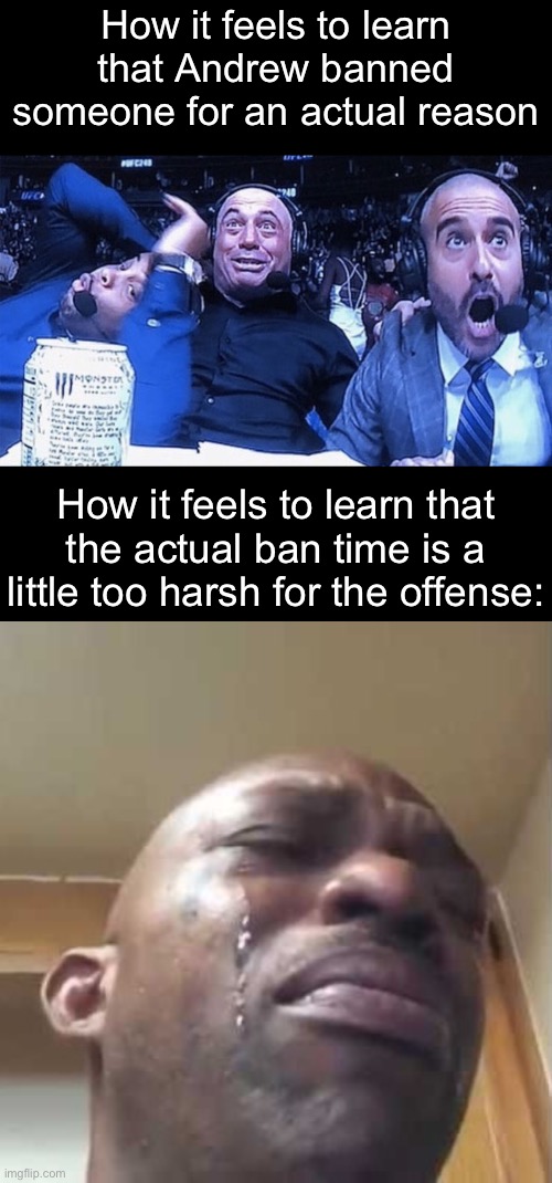 I understand Masq’s perma, but I think 48 hours would be enough | How it feels to learn that Andrew banned someone for an actual reason; How it feels to learn that the actual ban time is a little too harsh for the offense: | image tagged in crazy announcers,crying black guy | made w/ Imgflip meme maker