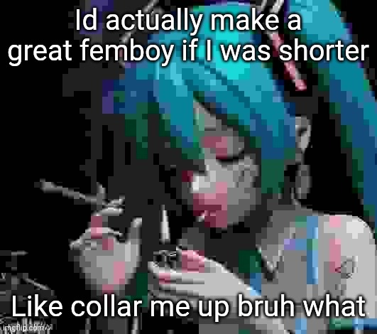 Miku smoking low quality | Id actually make a great femboy if I was shorter; Like collar me up bruh what | image tagged in miku smoking low quality | made w/ Imgflip meme maker